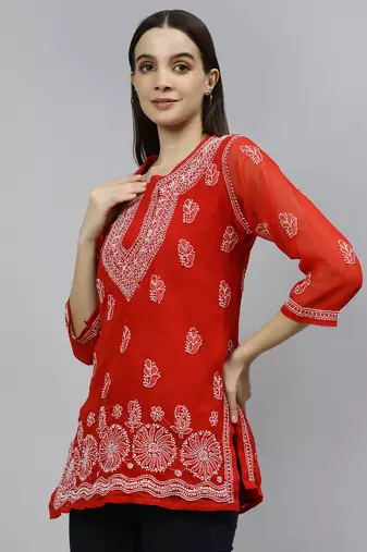 hand embroidered red georgette lucknowi chikankari top with slip