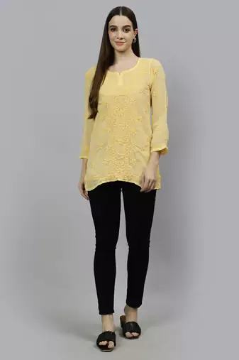 hand embroidered dark beige georgette lucknowi chikankari top with slip