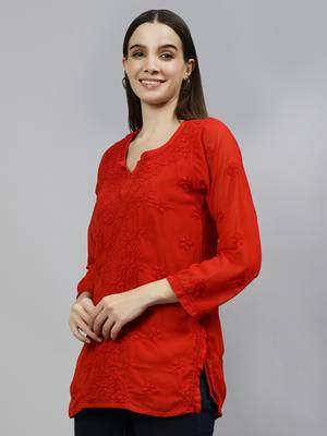hand embroidered red georgette lucknowi chikankari top with slip 3