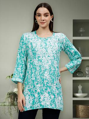 hand embroidered sea green cotton lucknowi chikankari top 1