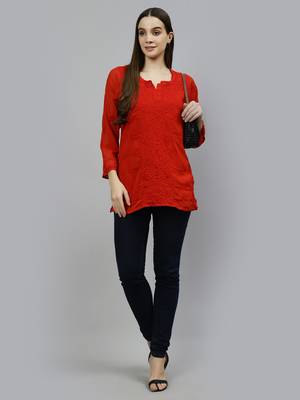 hand embroidered red georgette lucknowi chikankari top with slip 4