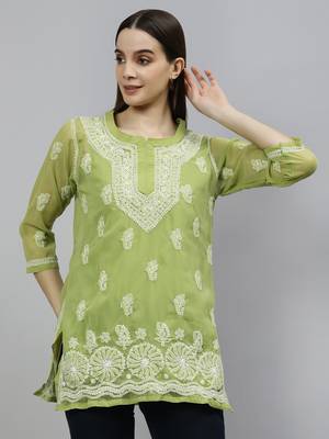 hand embroidered green georgette lucknowi chikankari top with slip 3