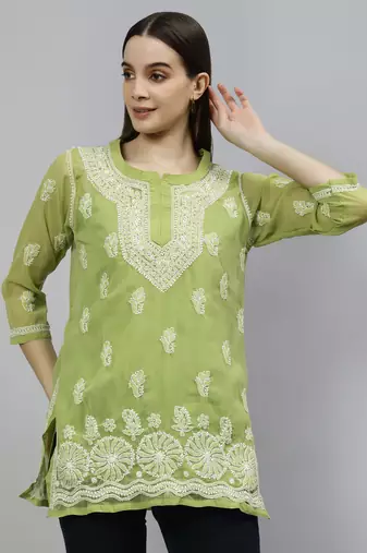 hand embroidered green georgette lucknowi chikankari top with slip
