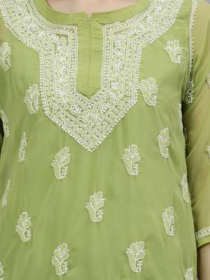 hand embroidered green georgette lucknowi chikankari top with slip 4