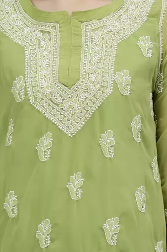 hand embroidered green georgette lucknowi chikankari top with slip