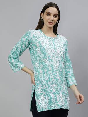 hand embroidered sea green cotton lucknowi chikankari top 3