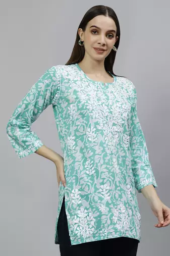 hand embroidered sea green cotton lucknowi chikankari top