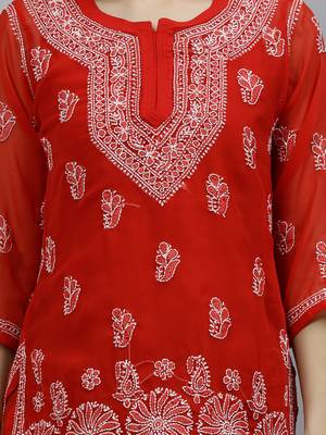 hand embroidered red georgette lucknowi chikankari top with slip 5
