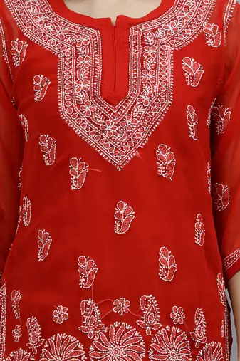 hand embroidered red georgette lucknowi chikankari top with slip
