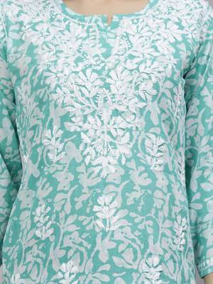 hand embroidered sea green cotton lucknowi chikankari top 4