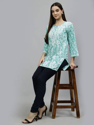 hand embroidered sea green cotton lucknowi chikankari top 5