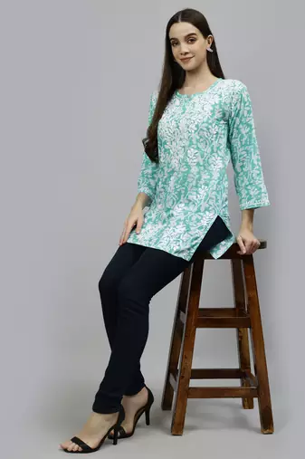 hand embroidered sea green cotton lucknowi chikankari top
