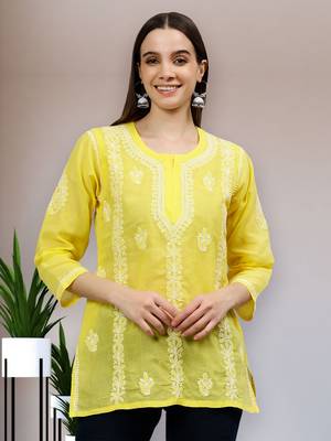 hand embroidered yellow cotton lucknowi chikankari top 1