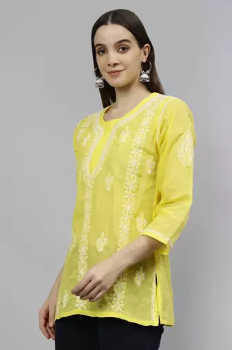 hand embroidered yellow cotton lucknowi chikankari top