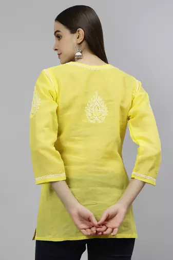 hand embroidered yellow cotton lucknowi chikankari top