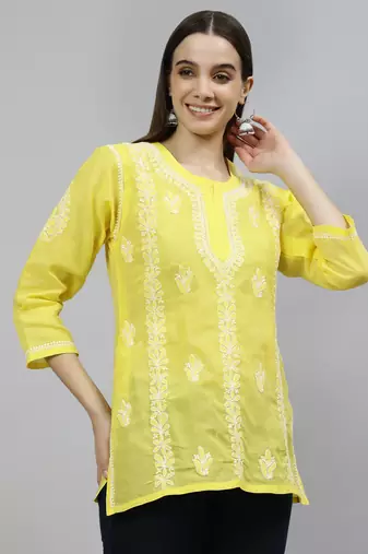 hand embroidered yellow cotton lucknowi chikankari top