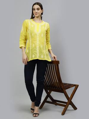 hand embroidered yellow cotton lucknowi chikankari top 5