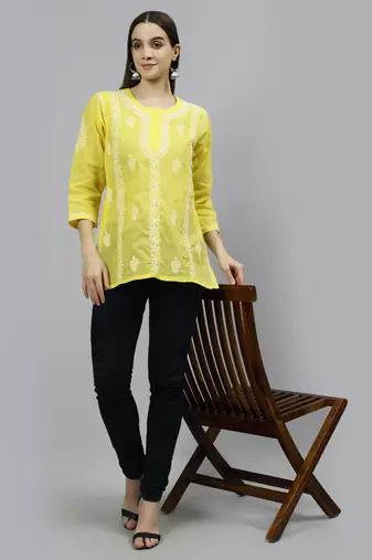 hand embroidered yellow cotton lucknowi chikankari top