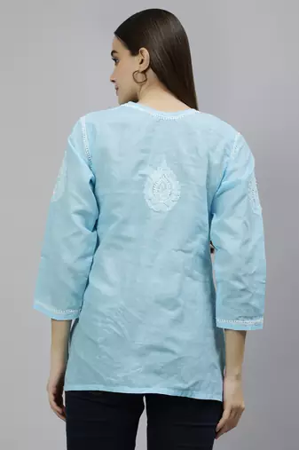 hand embroidered blue cotton lucknowi chikankari top
