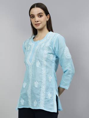 hand embroidered blue cotton lucknowi chikankari top 3