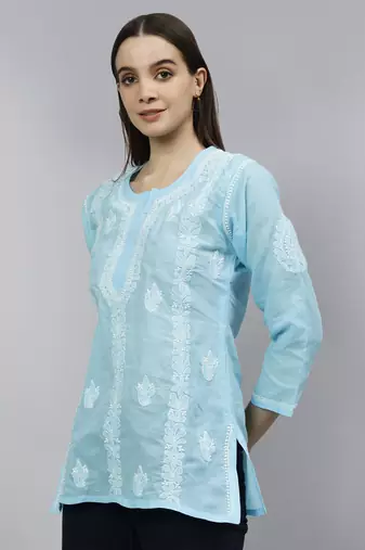 hand embroidered blue cotton lucknowi chikankari top