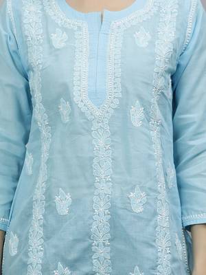 hand embroidered blue cotton lucknowi chikankari top 4