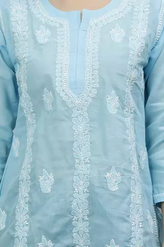 hand embroidered blue cotton lucknowi chikankari top