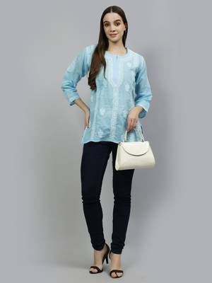 hand embroidered blue cotton lucknowi chikankari top 1