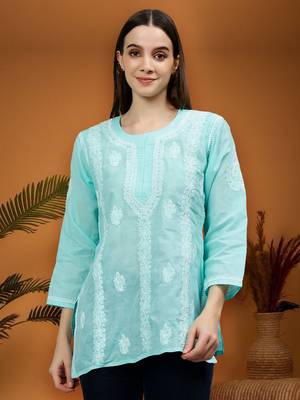 hand embroidered sea green cotton lucknowi chikankari top 1