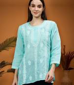 hand embroidered sea green cotton lucknowi chikankari top