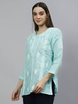hand embroidered sea green cotton lucknowi chikankari top 2
