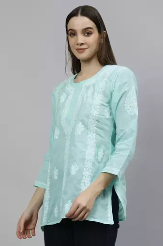 hand embroidered sea green cotton lucknowi chikankari top