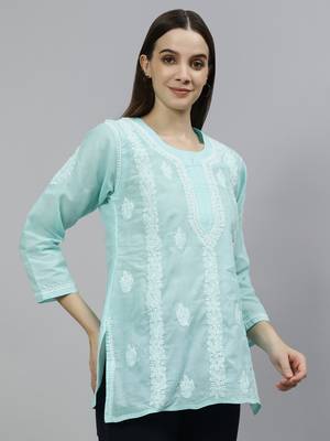 hand embroidered sea green cotton lucknowi chikankari top 3