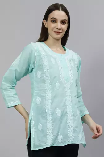 hand embroidered sea green cotton lucknowi chikankari top