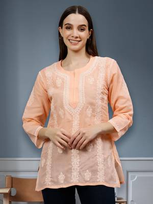 hand embroidered apricot peach cotton lucknowi chikankari top 1