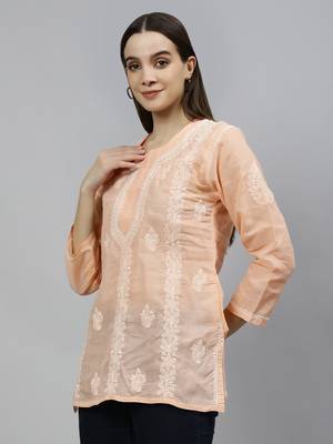 hand embroidered apricot peach cotton lucknowi chikankari top 2