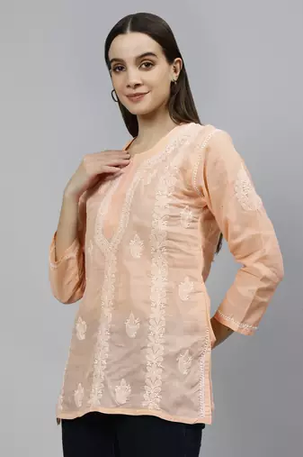 hand embroidered apricot peach cotton lucknowi chikankari top