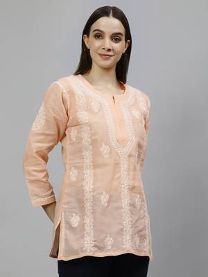 hand embroidered apricot peach cotton lucknowi chikankari top 3