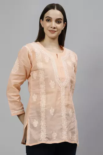 hand embroidered apricot peach cotton lucknowi chikankari top