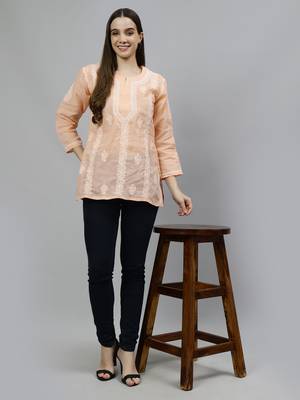 hand embroidered apricot peach cotton lucknowi chikankari top 5