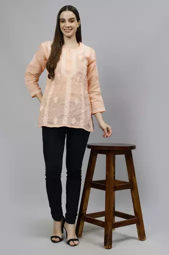 hand embroidered apricot peach cotton lucknowi chikankari top