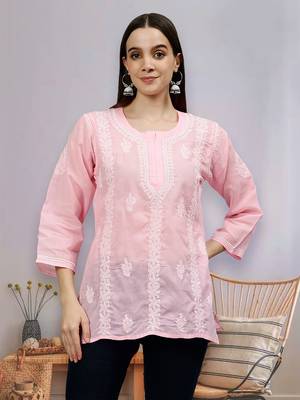 hand embroidered pink cotton lucknowi chikankari top 1