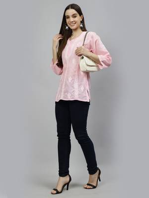 hand embroidered pink cotton lucknowi chikankari top 5