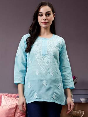 hand embroidered blue cotton lucknowi chikankari top 1