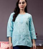 hand embroidered blue cotton lucknowi chikankari top