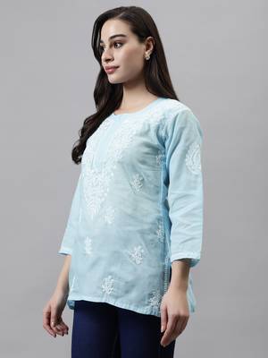 hand embroidered blue cotton lucknowi chikankari top 2