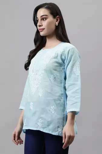 hand embroidered blue cotton lucknowi chikankari top