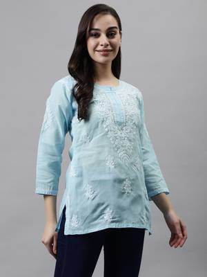 hand embroidered blue cotton lucknowi chikankari top 3