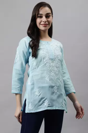 hand embroidered blue cotton lucknowi chikankari top