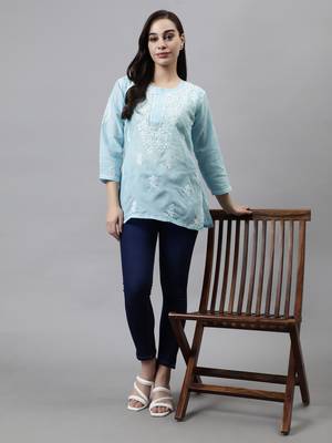 hand embroidered blue cotton lucknowi chikankari top 5